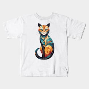 Gustav Klimt's Colorful Feline Fantasy: Inspired Cat Illustration Kids T-Shirt